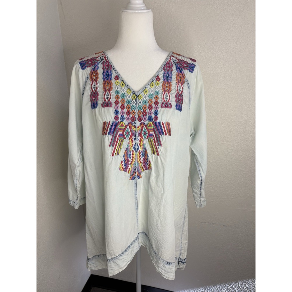 Soft Surroundings Top Womens XL Blue Boho Abstract Embroidered Chambray Shirt